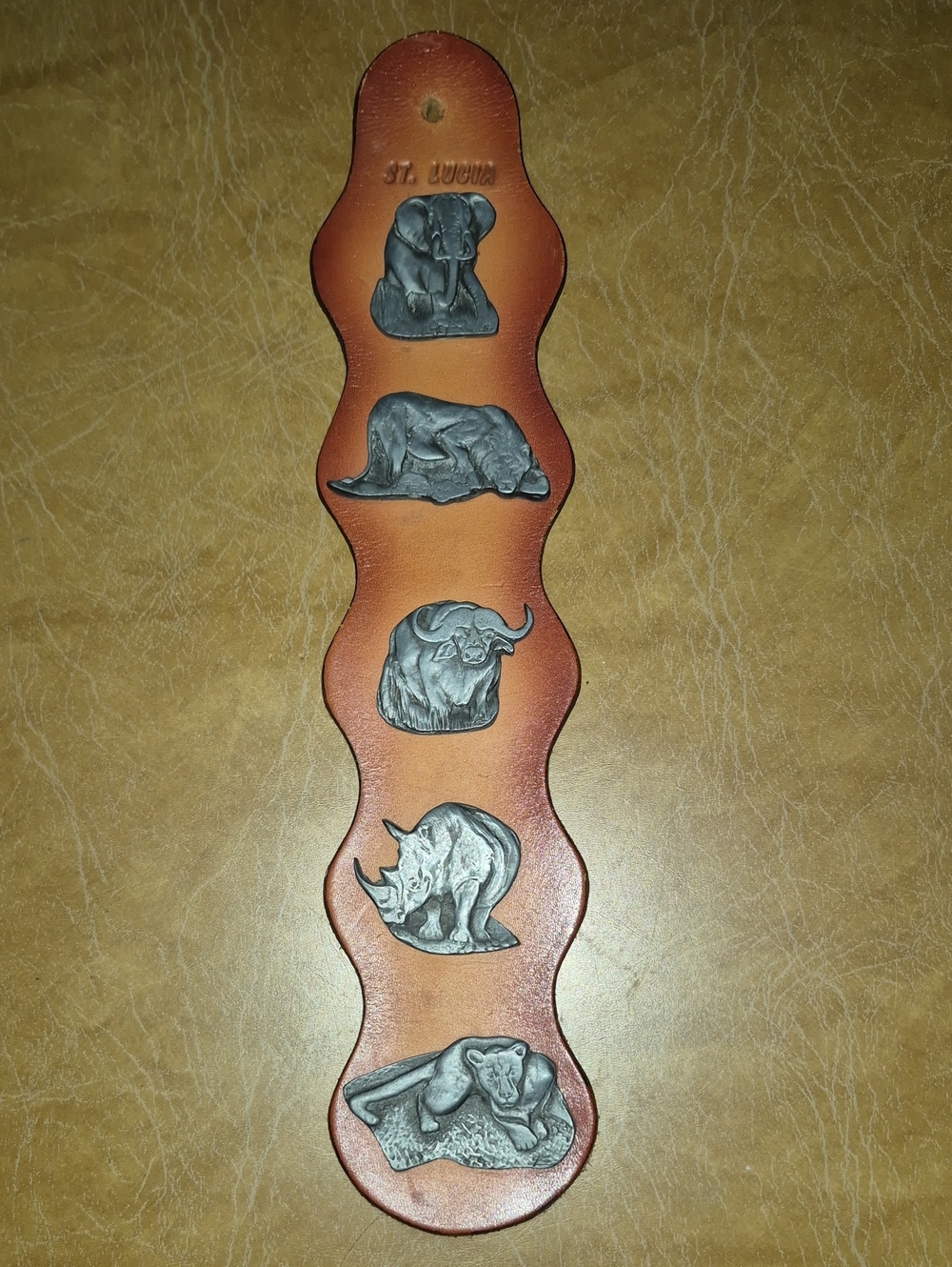 Vintage African "Big Five" Leather And Pewter Wall Hanging